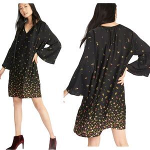 OLD NAVY Black Satin Boho Slip Dress L Floral Bell Sleeves Keyhole Neckline